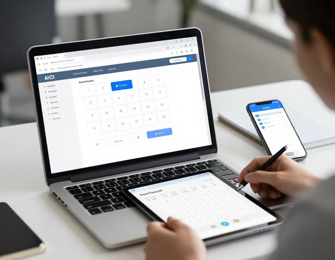 Digitaler Makler-Workflow: Laptop mit Maklersoftware, Tablet mit Kalender und Smartphone für mobiles Arbeiten
