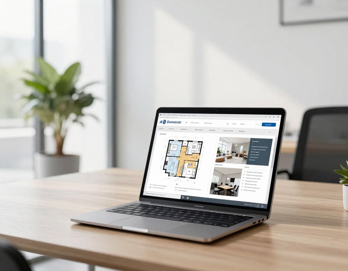 KI für Immobilienmakler: modernes deutsches Maklerbüro mit KI-Software für Staging und Exposé auf dem Bildschirm