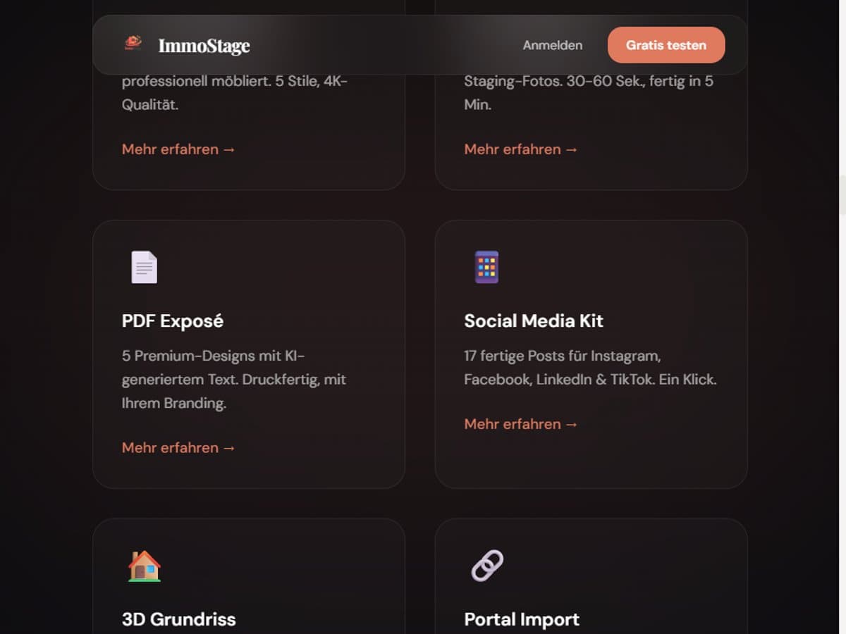 Screenshot: ImmoStage-Funktionsübersicht — Staging, PDF-Exposé, Social Media Kit, 3D-Grundriss und Portal-Import in einem Produkt