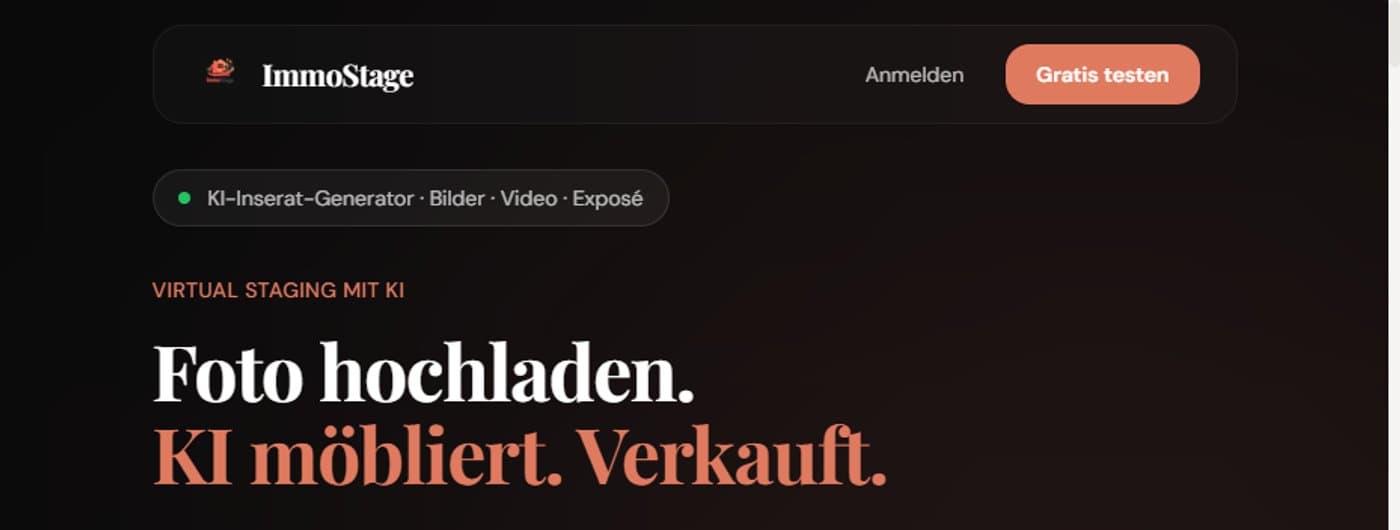 ImmoStage-Startseite mit dem Versprechen Foto hochladen, KI möbliert, verkauft — Ausgangspunkt für die Vermarktung eines Propstack-Objekts