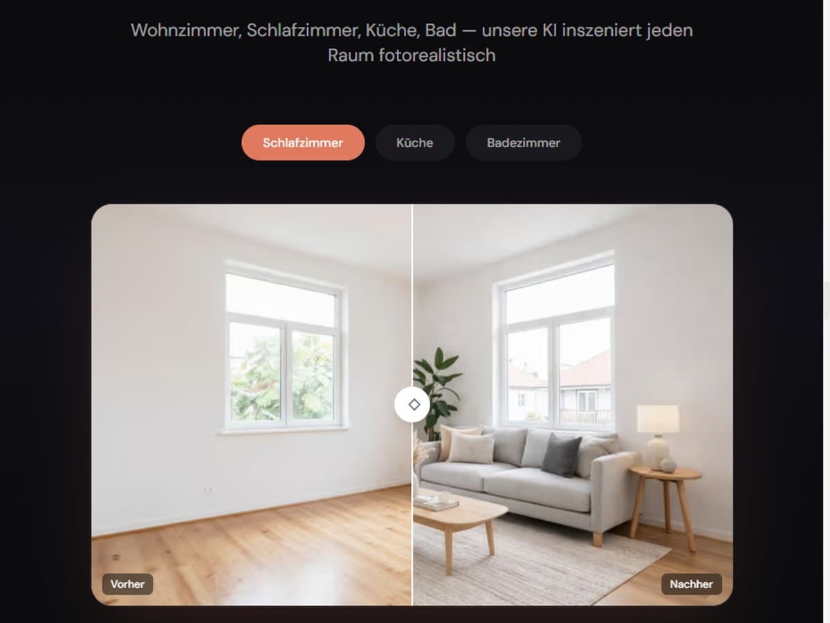 Vorher-Nachher-Vergleich eines Wohnzimmers — links leer, rechts virtuell möbliert — als Staging-Ergebnis eines FLOWFACT-Objekts