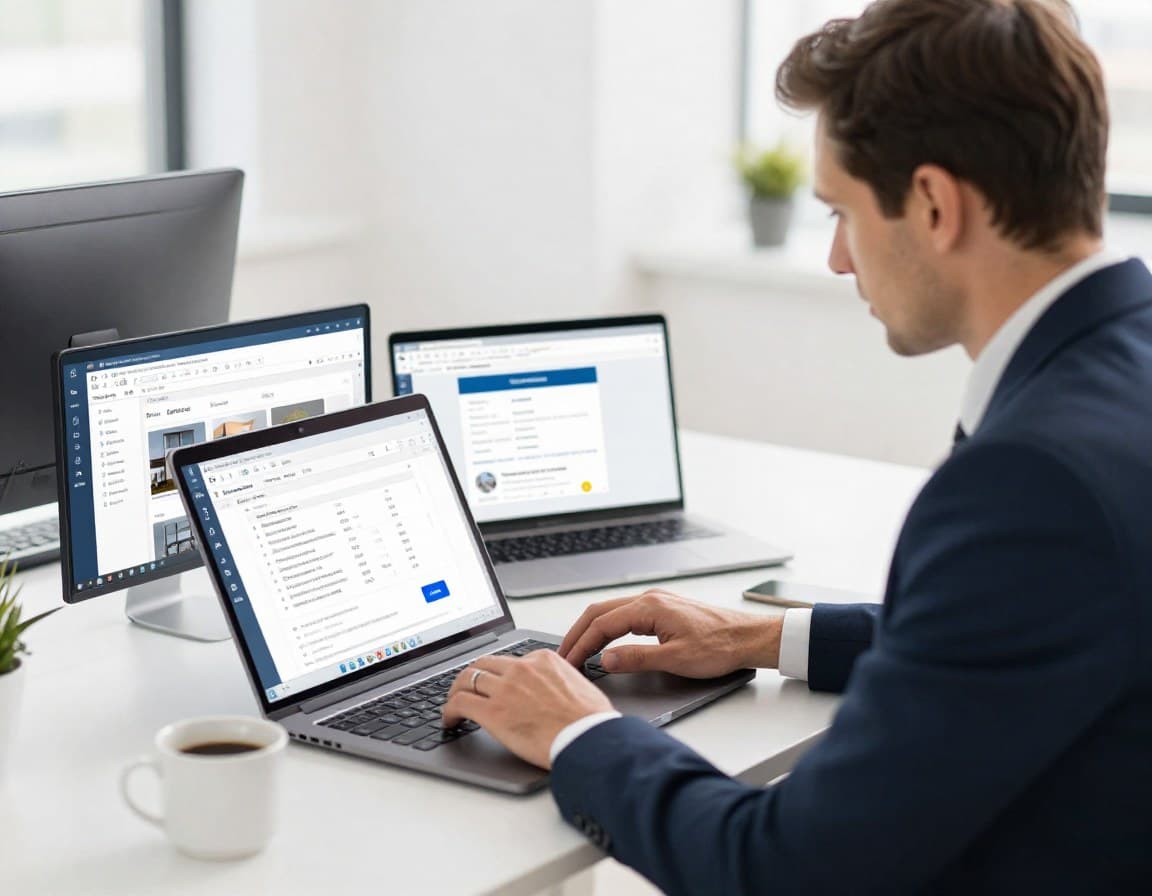 Immobilienmakler arbeitet am Laptop mit CRM-Software und mehreren Browser-Tabs