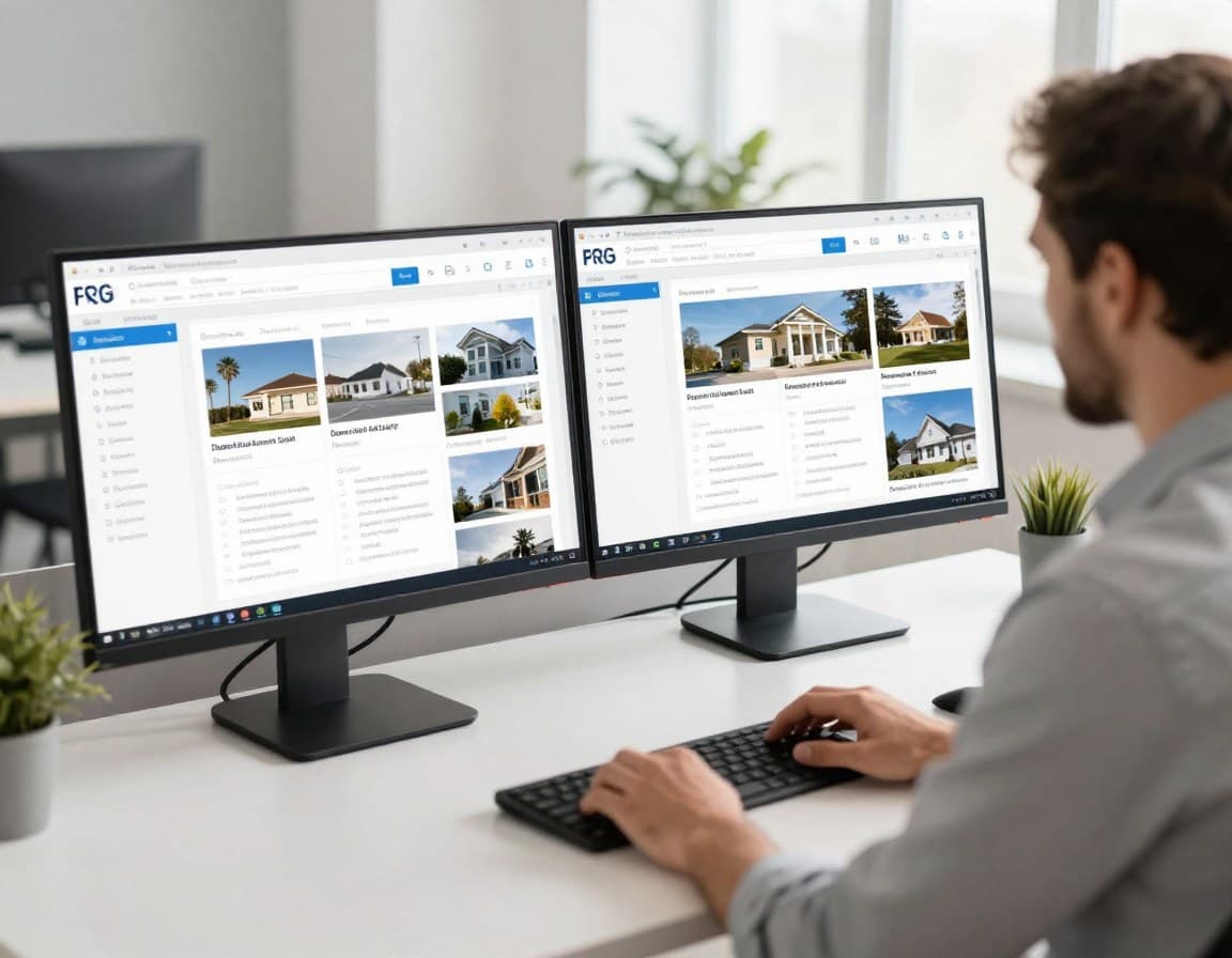 Immobilienmakler erstellt Exposé am Schreibtisch mit Software-Dashboard