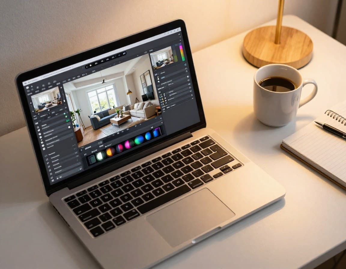 Laptop mit Bildbearbeitungssoftware für Immobilienfotos