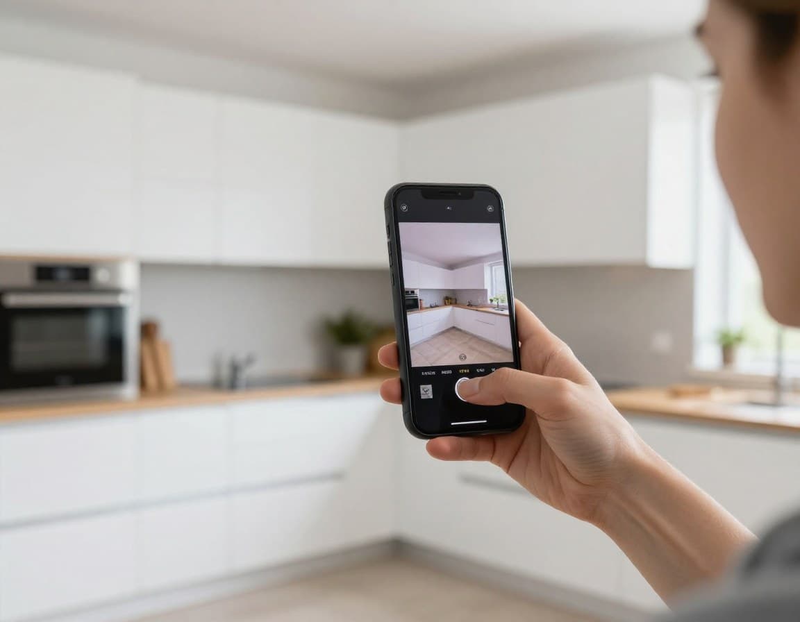 Makler fotografiert eine Küche mit dem Smartphone