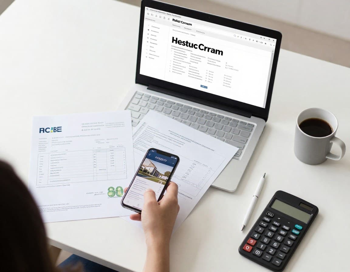 Schreibtisch mit Rechnungen, Laptop und Taschenrechner fuer Makler-Software-Kosten