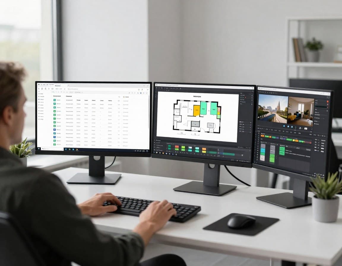 Immobilienmakler am Schreibtisch mit mehreren Software-Tools auf zwei Monitoren