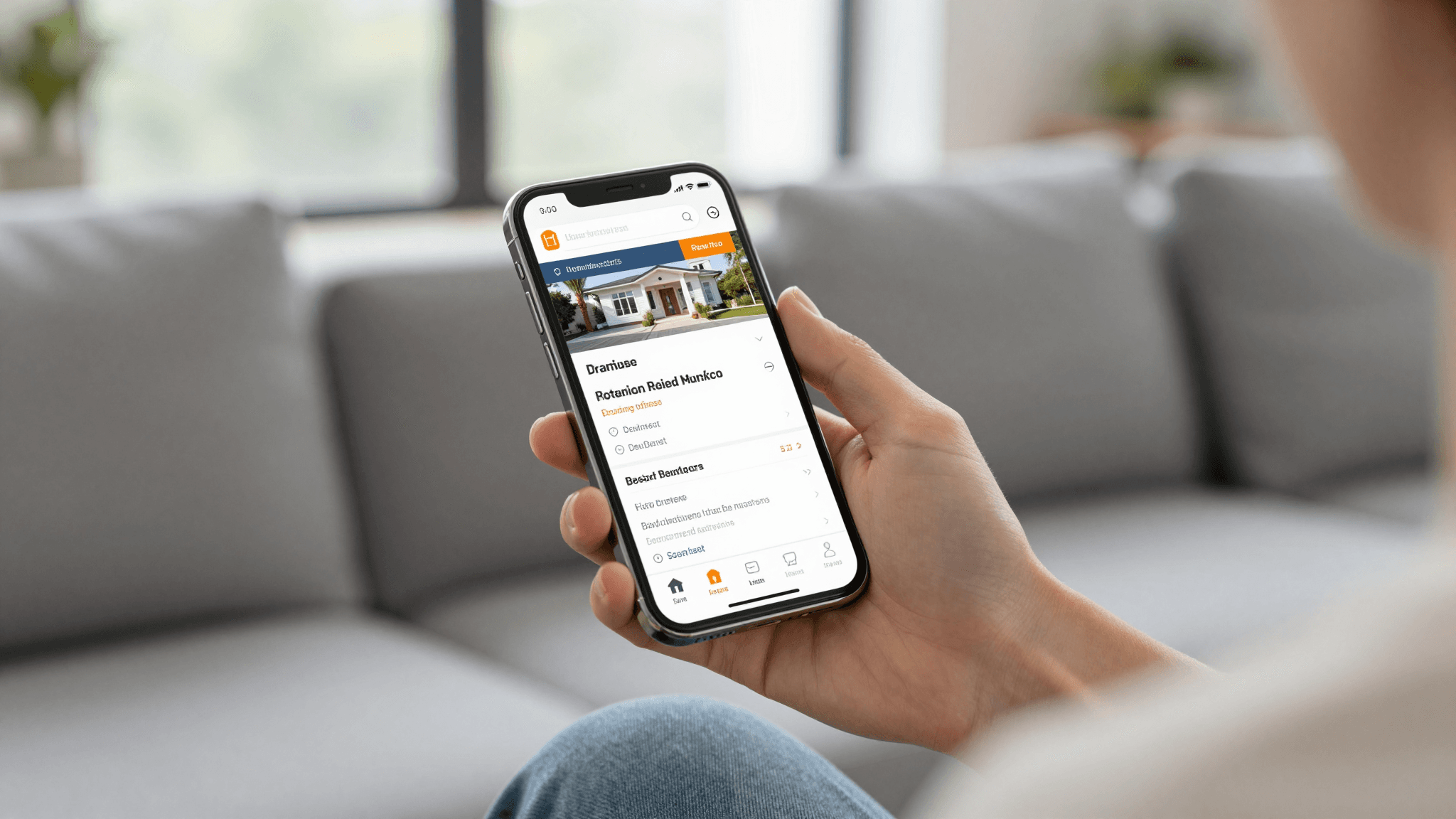 Person liest auf dem Sofa eine Objektbeschreibung auf dem Smartphone