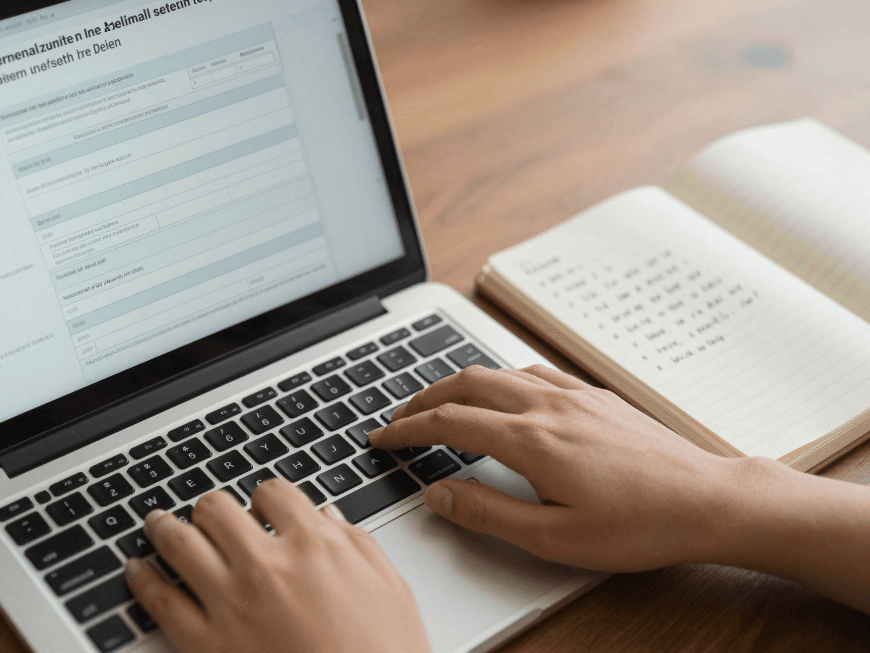 Immobilienmakler ueberarbeitet die Objektbeschreibung am Laptop