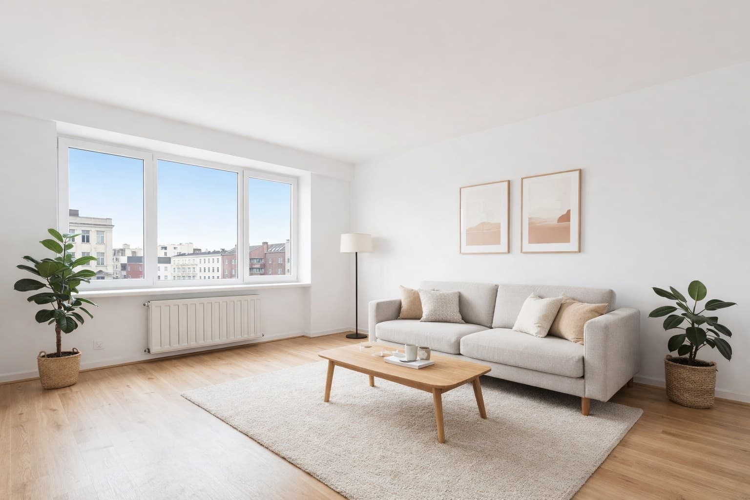 Virtual Staging Vorher Nachher — leeres Wohnzimmer wird mit KI eingerichtet für Privatverkauf