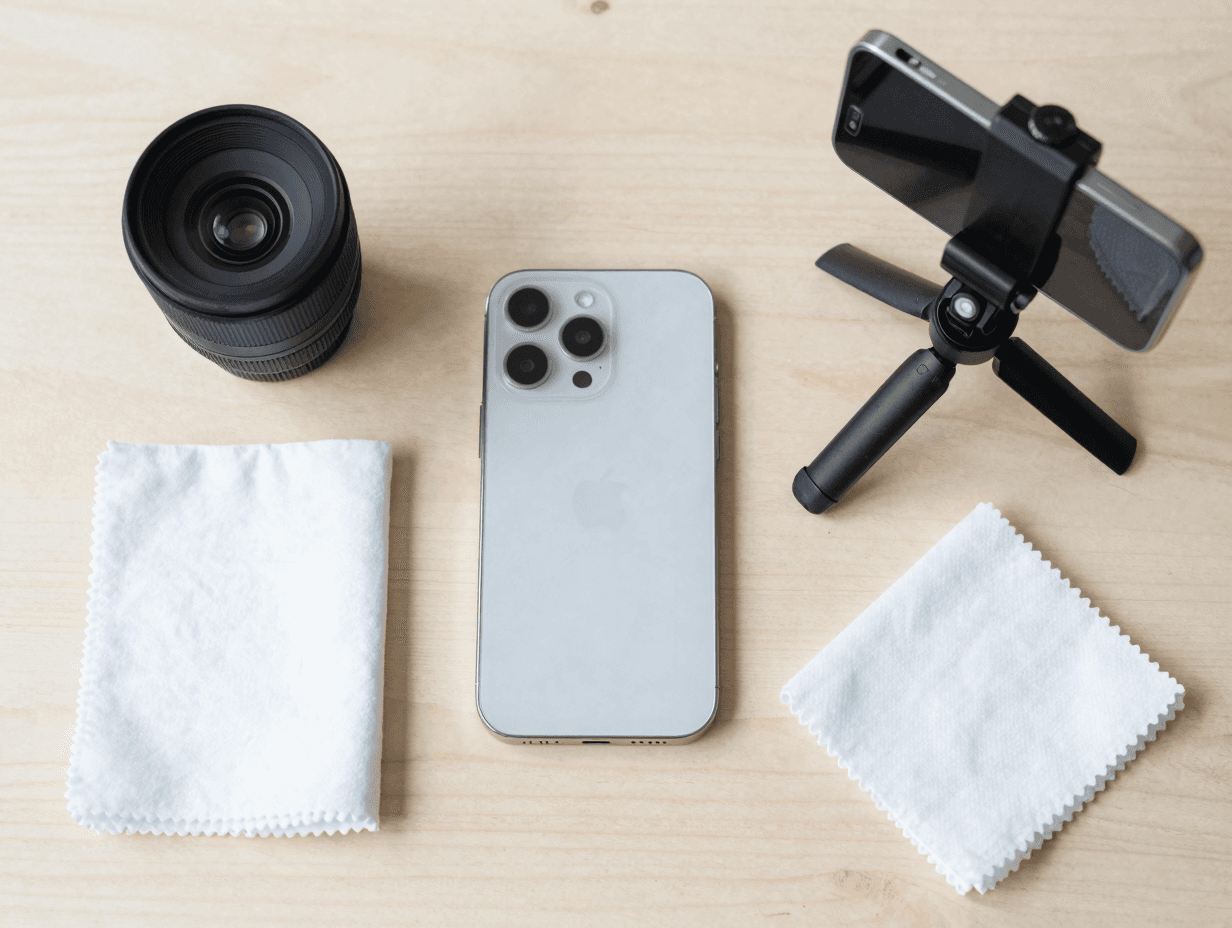 Equipment-Flatlay: Smartphone, Stativ, Aufsteck-Weitwinkel, Reflektor — alles unter 50 €