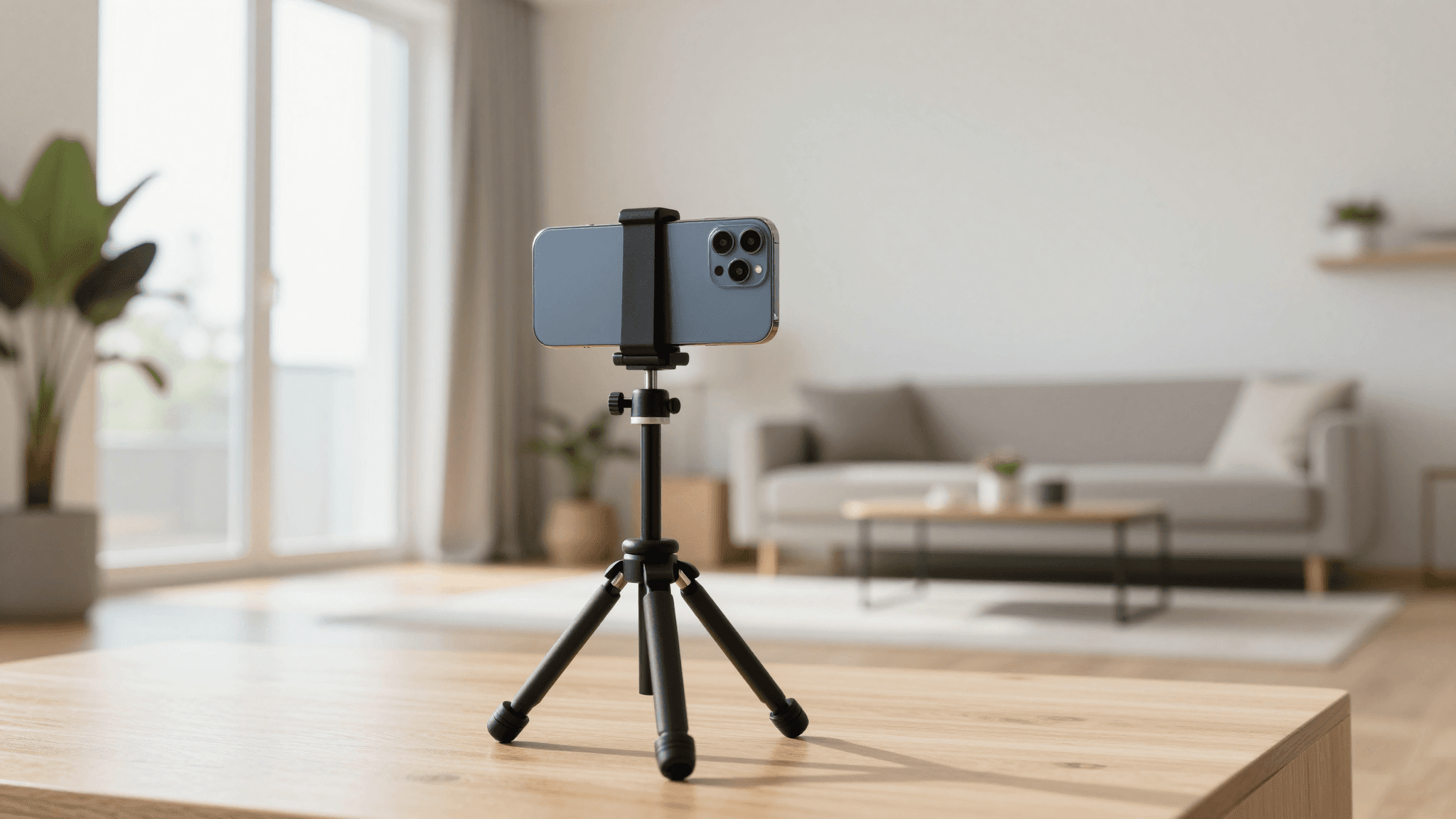 Smartphone auf Stativ in einem hellen Wohnzimmer — Wohnung fotografieren privat