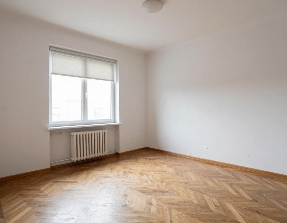 Leerer Raum in einer geerbten Immobilie mit abgenutztem Parkettboden