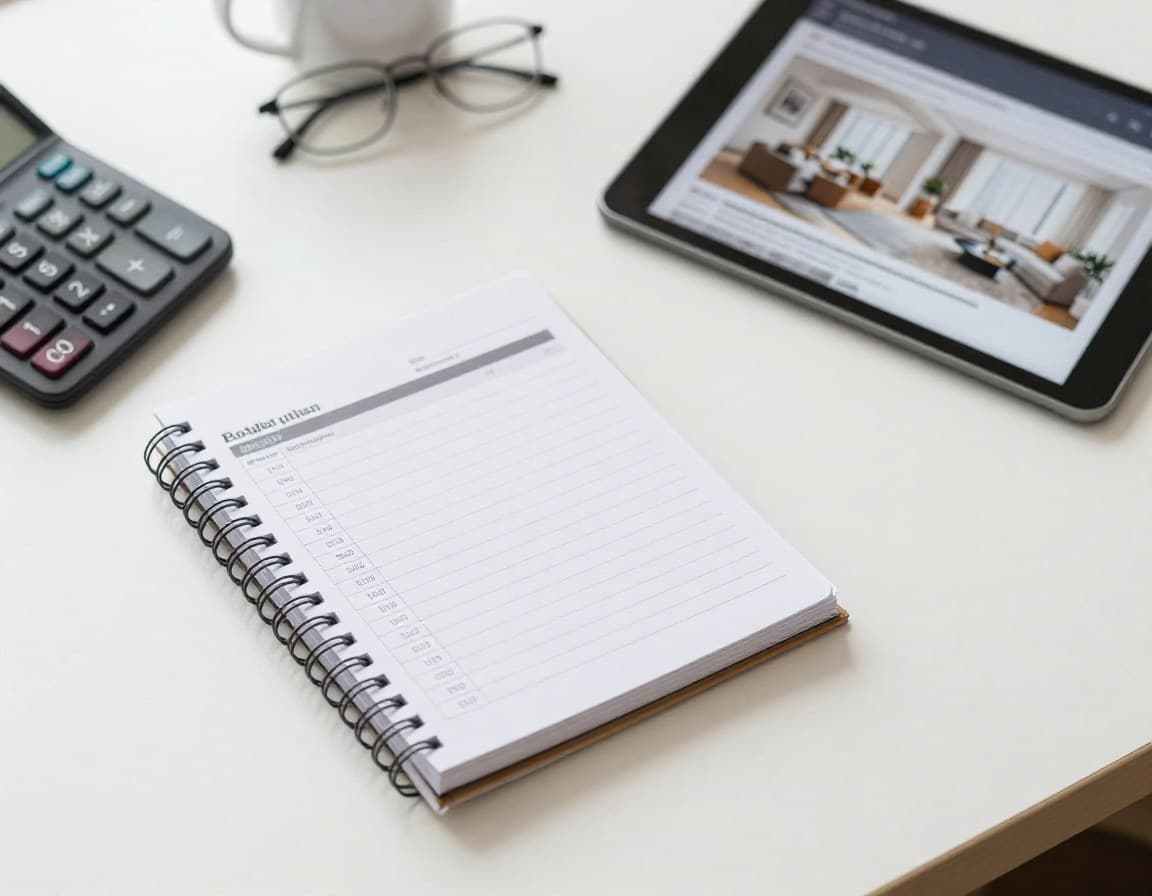 Budget-Planung mit Taschenrechner und Immobilienfotos auf einem Schreibtisch