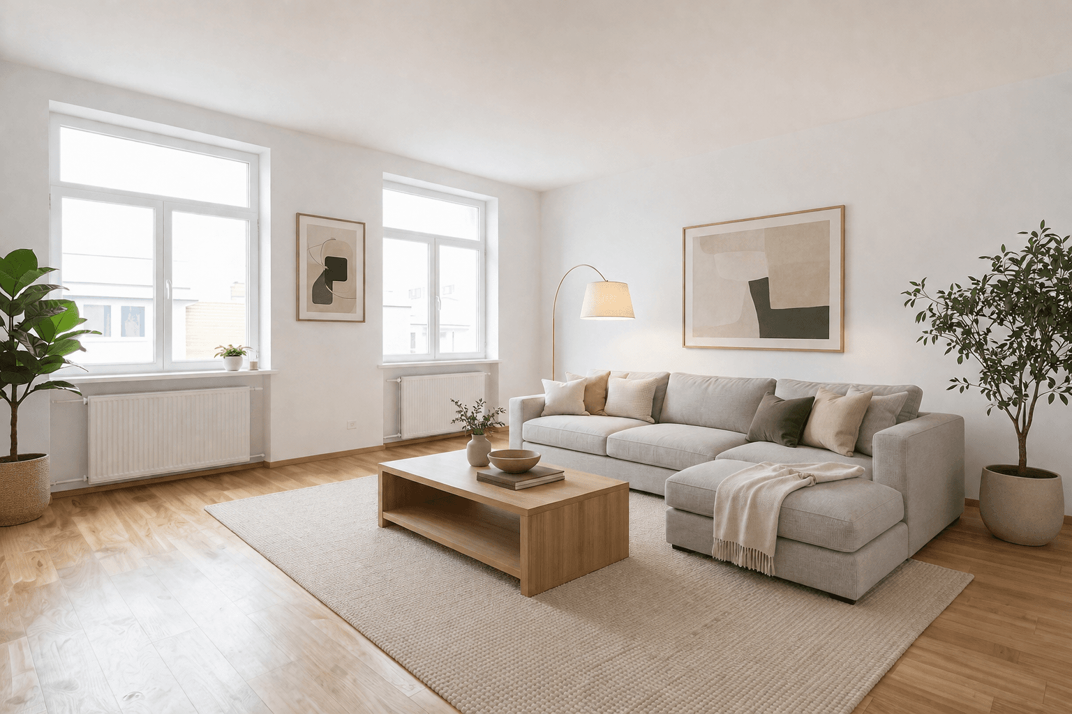 Dasselbe Wohnzimmer nach dem Staging über den ImmoStage MCP-Server, modernes Stilbild