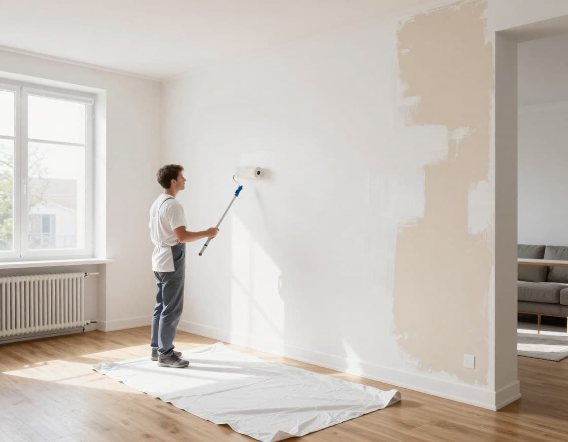 Wohnzimmer wird frisch gestrichen -- eine der wirksamsten Aufwertungsmaßnahmen vor dem Verkauf