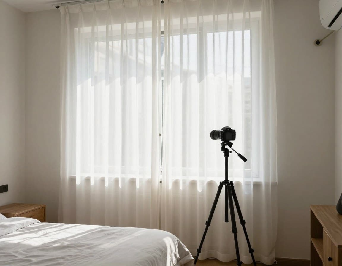 Immobilienfotografie Licht — gefiltertes Tageslicht durch Vorhänge in europäischem Schlafzimmer, weiche gleichmäßige Beleuchtung