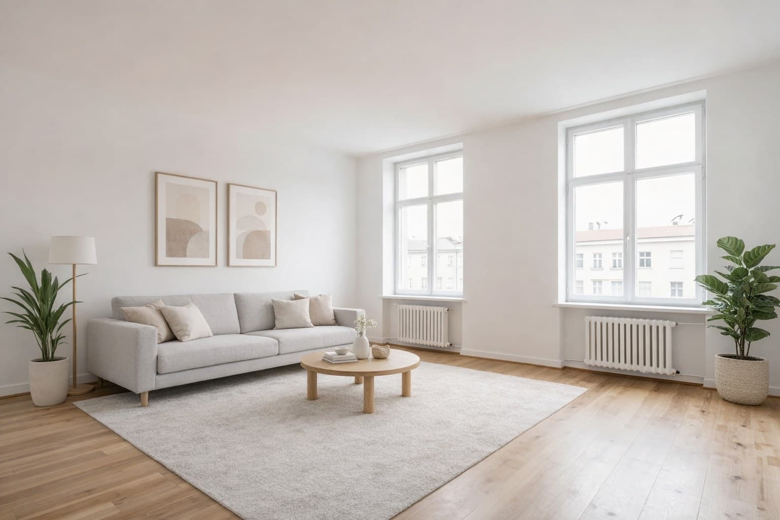 Immobilienfotos nach KI-Staging — derselbe Raum virtuell möbliert im skandinavischen Stil