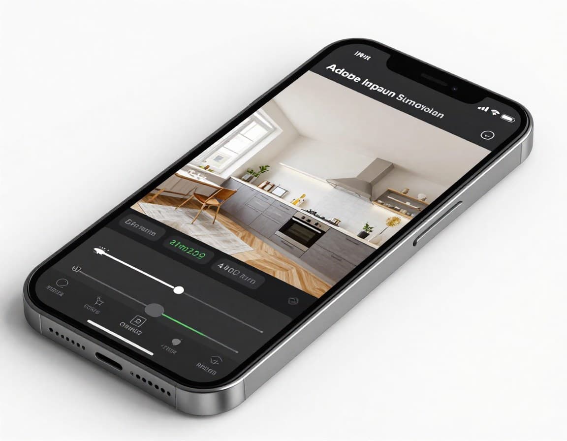 Smartphone zeigt Adobe Lightroom Mobile mit Immobilienfoto-Bearbeitung