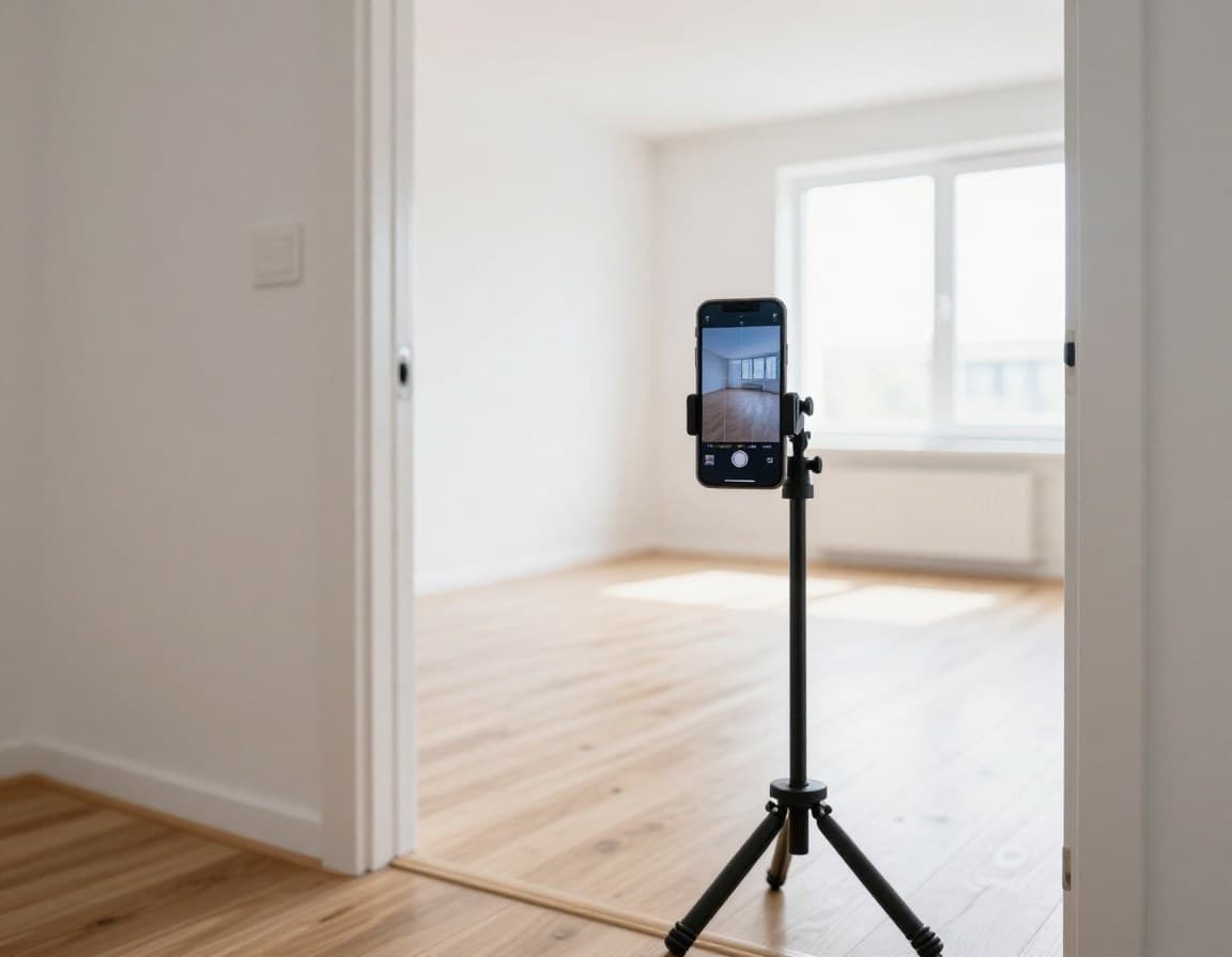 Smartphone auf Stativ fotografiert ein leeres Wohnzimmer mit Rasterlinien auf dem Display