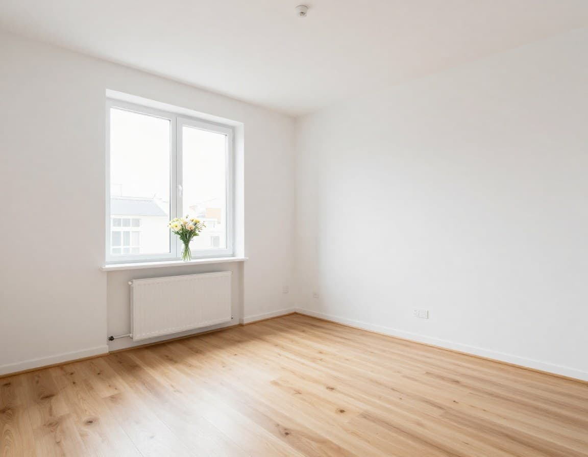 Heller Raum mit minimaler neutraler Dekoration - Vase mit Blumen auf der Fensterbank