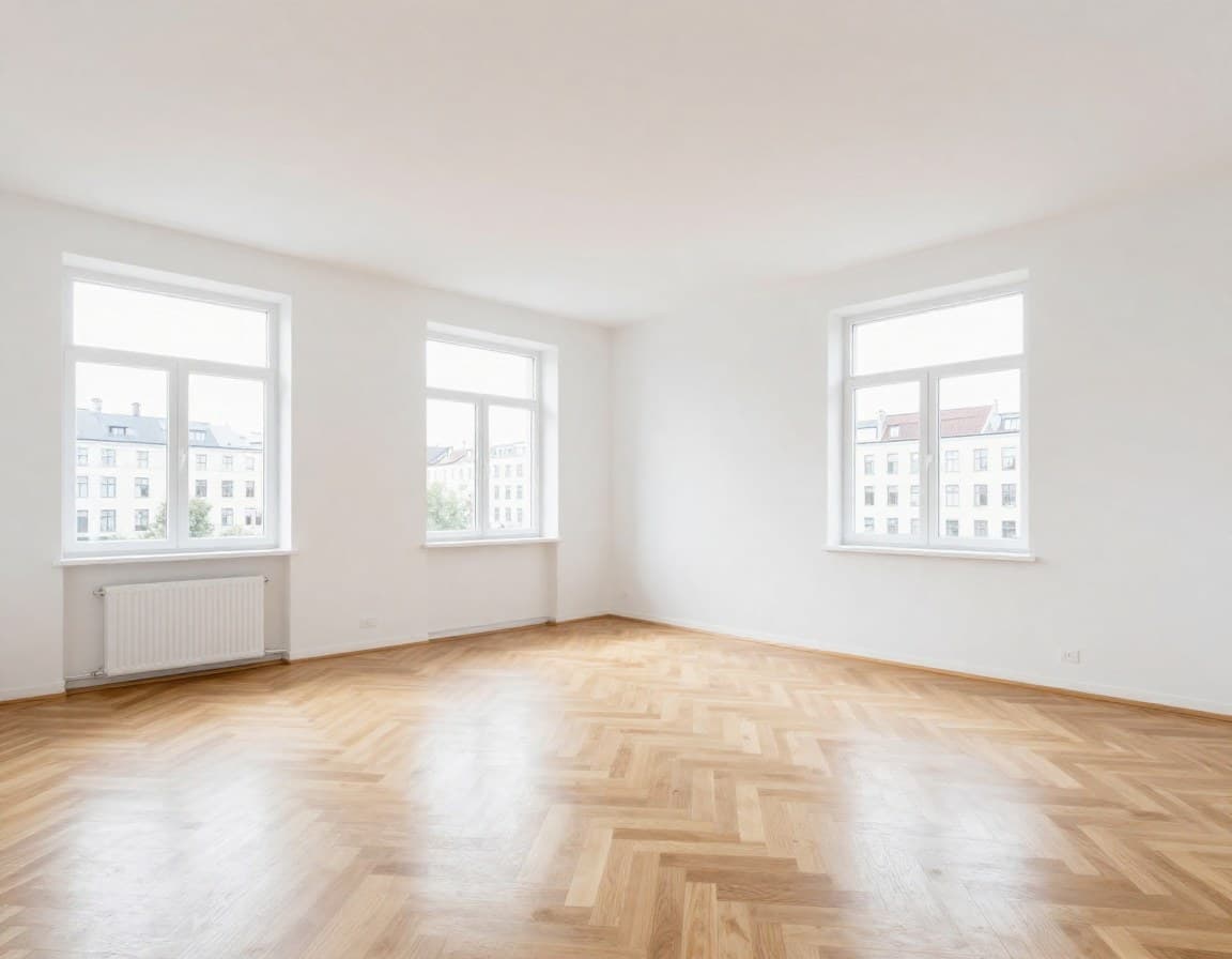 Leere Wohnung verkaufen — typisches leeres Wohnzimmer einer deutschen Eigentumswohnung mit weißen Wänden und Parkettboden