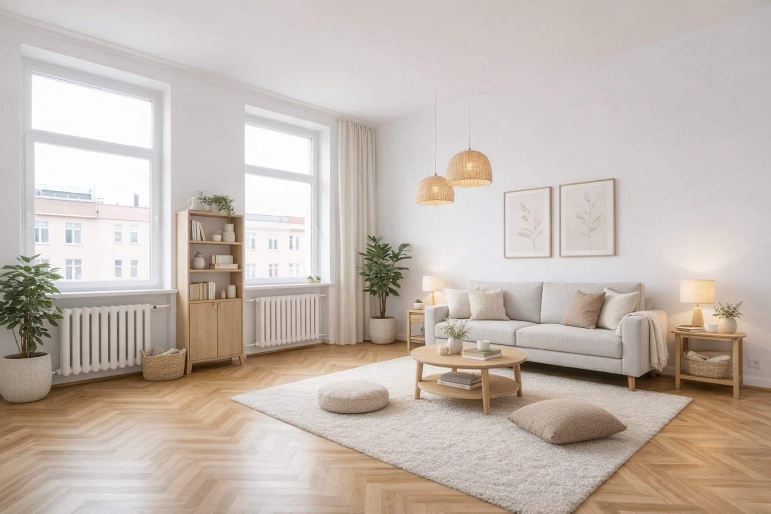 Leere Wohnung verkaufen — Wohnzimmer nach virtuellem Home Staging mit Möbeln und Dekoration
