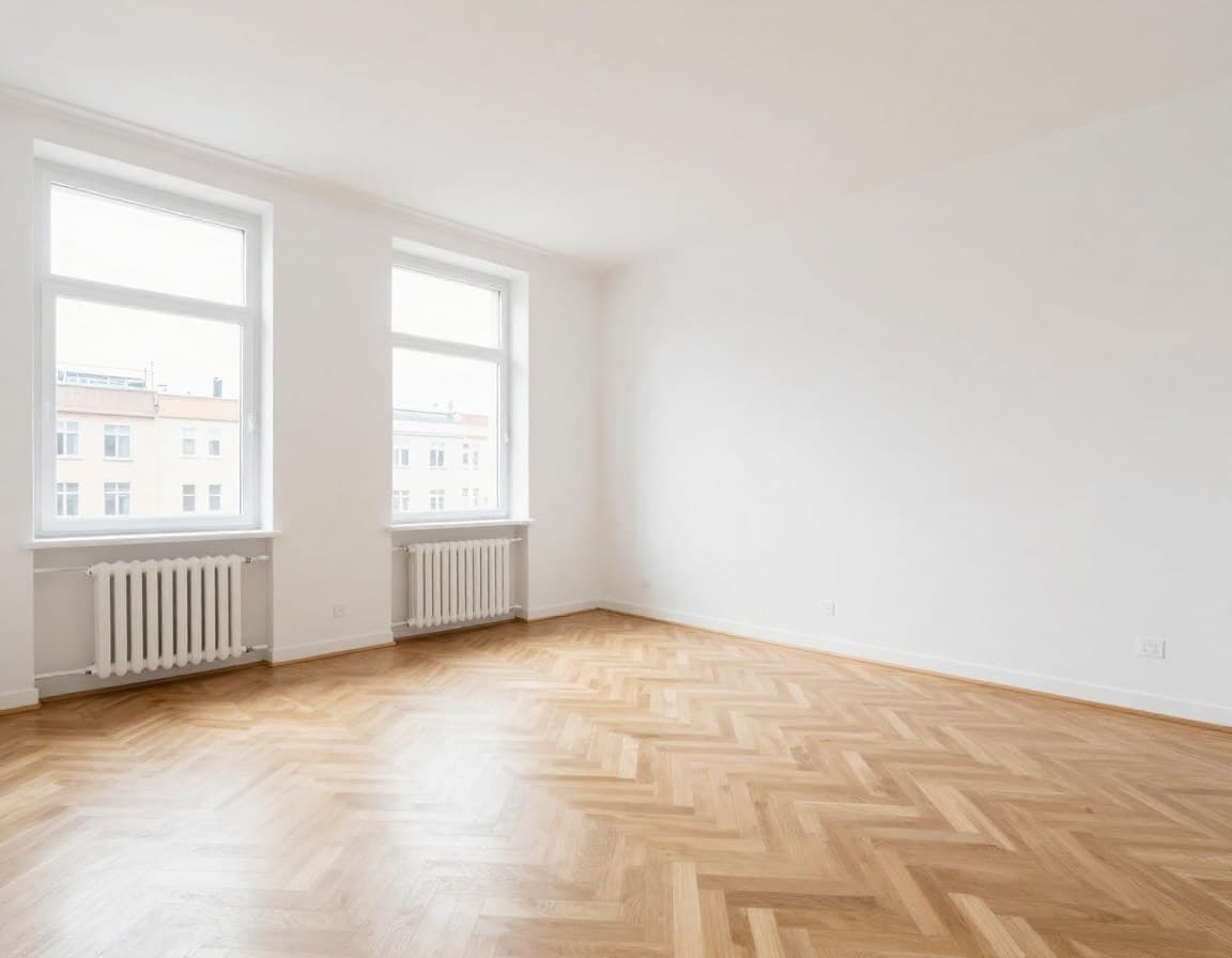 Leere Wohnung verkaufen — leeres Wohnzimmer ohne Möbel vor dem virtuellen Staging