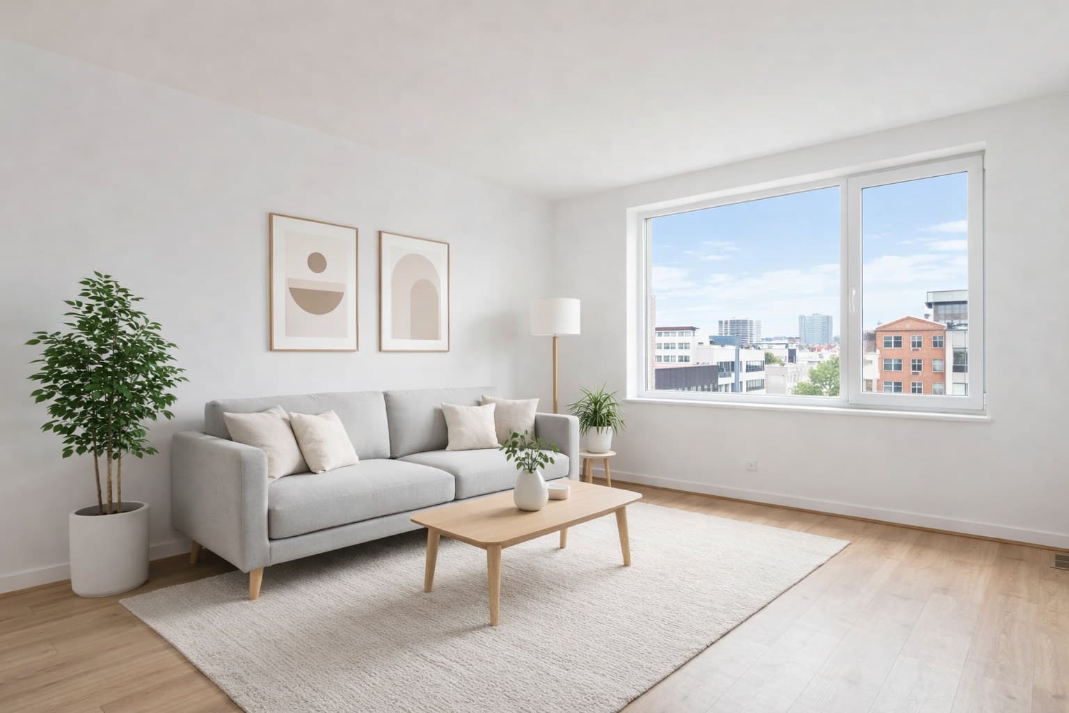 Leere Wohnung virtuell einrichten - Wohnzimmer nach dem KI-Staging im skandinavischen Stil