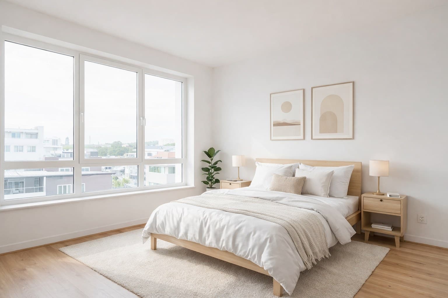 Virtuelle Möblierung Vorher-Nachher-Vergleich — leeres Schlafzimmer wird mit KI in skandinavischem Stil eingerichtet