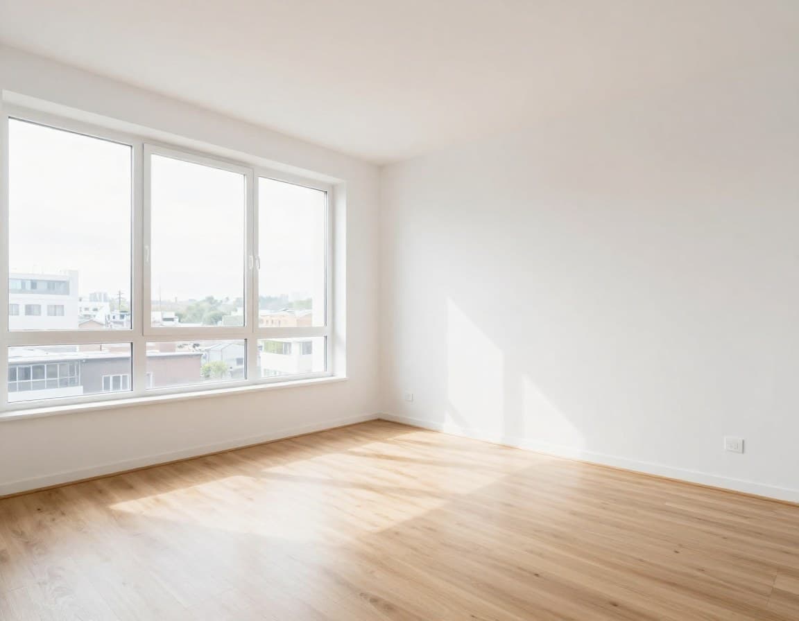 Virtuelle Möblierung Vorher-Nachher-Vergleich — leeres Schlafzimmer wird mit KI in skandinavischem Stil eingerichtet