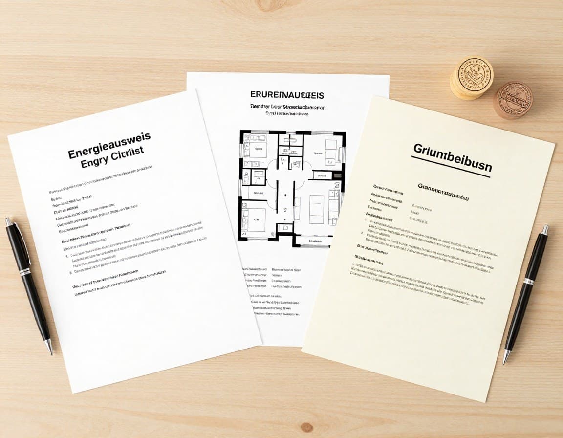 Energieausweis und Verkaufsunterlagen fuer den Wohnungsverkauf auf einem Schreibtisch