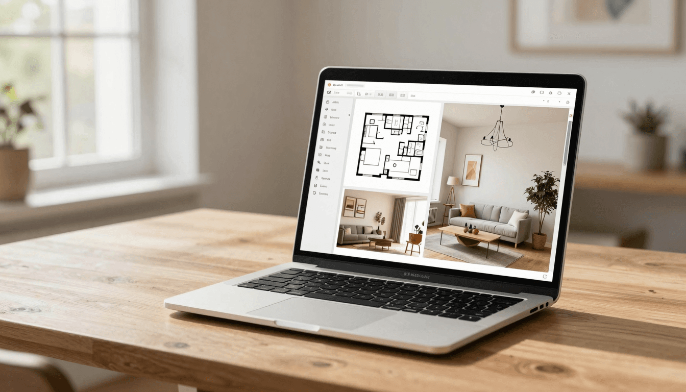 Laptop mit geöffnetem KI-Raumdesigner — virtuell Raum einrichten