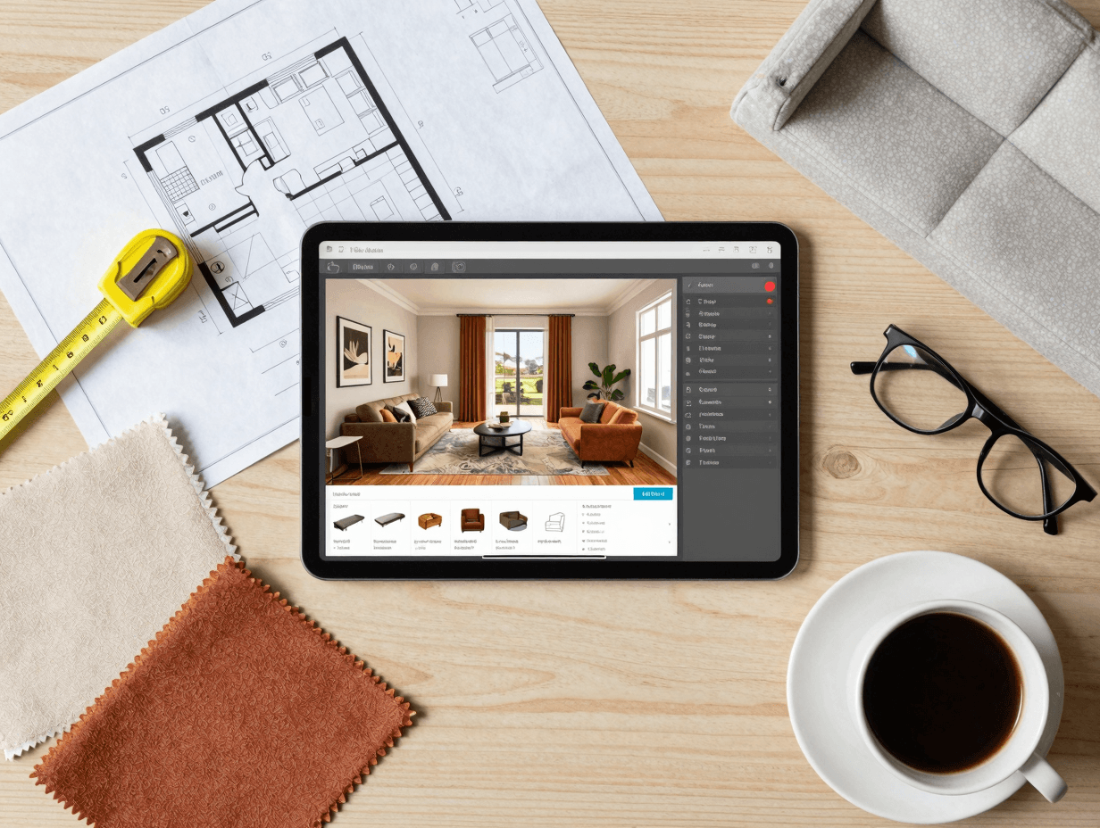 Tablet mit 3D-Raumplaner, Grundriss und Stoffmuster auf einem Holztisch