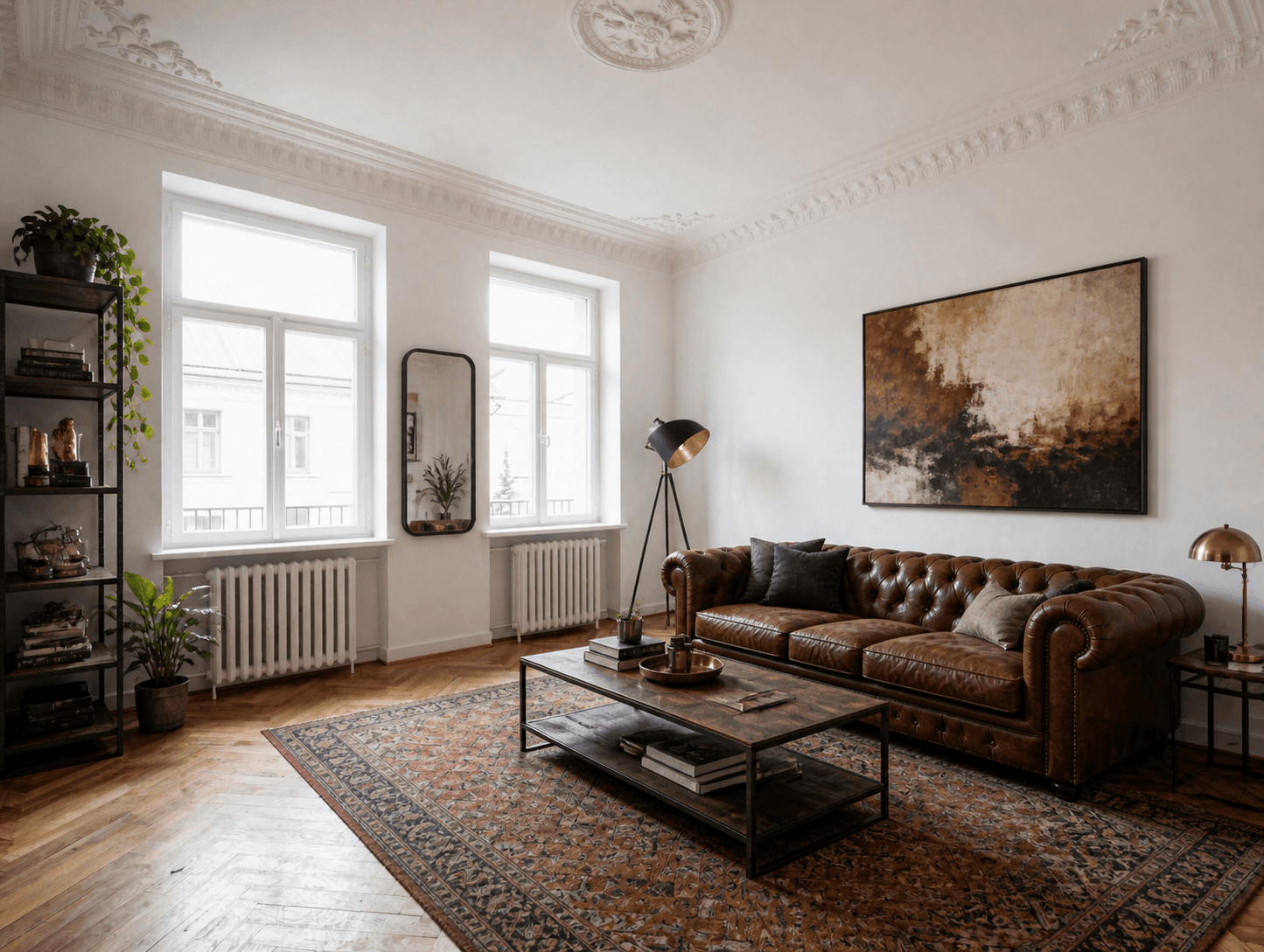 Modern Industrial Raumgestaltung: Cognac-Leder, schwarzes Metall, Vintage-Teppich