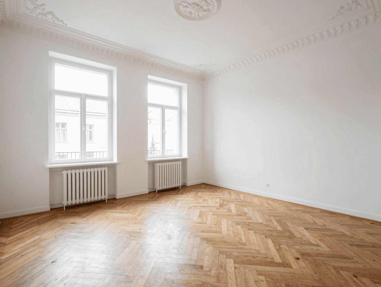 Vorher: leerer Berliner Altbau-Wohnraum mit Stuckdecke und Eichenparkett