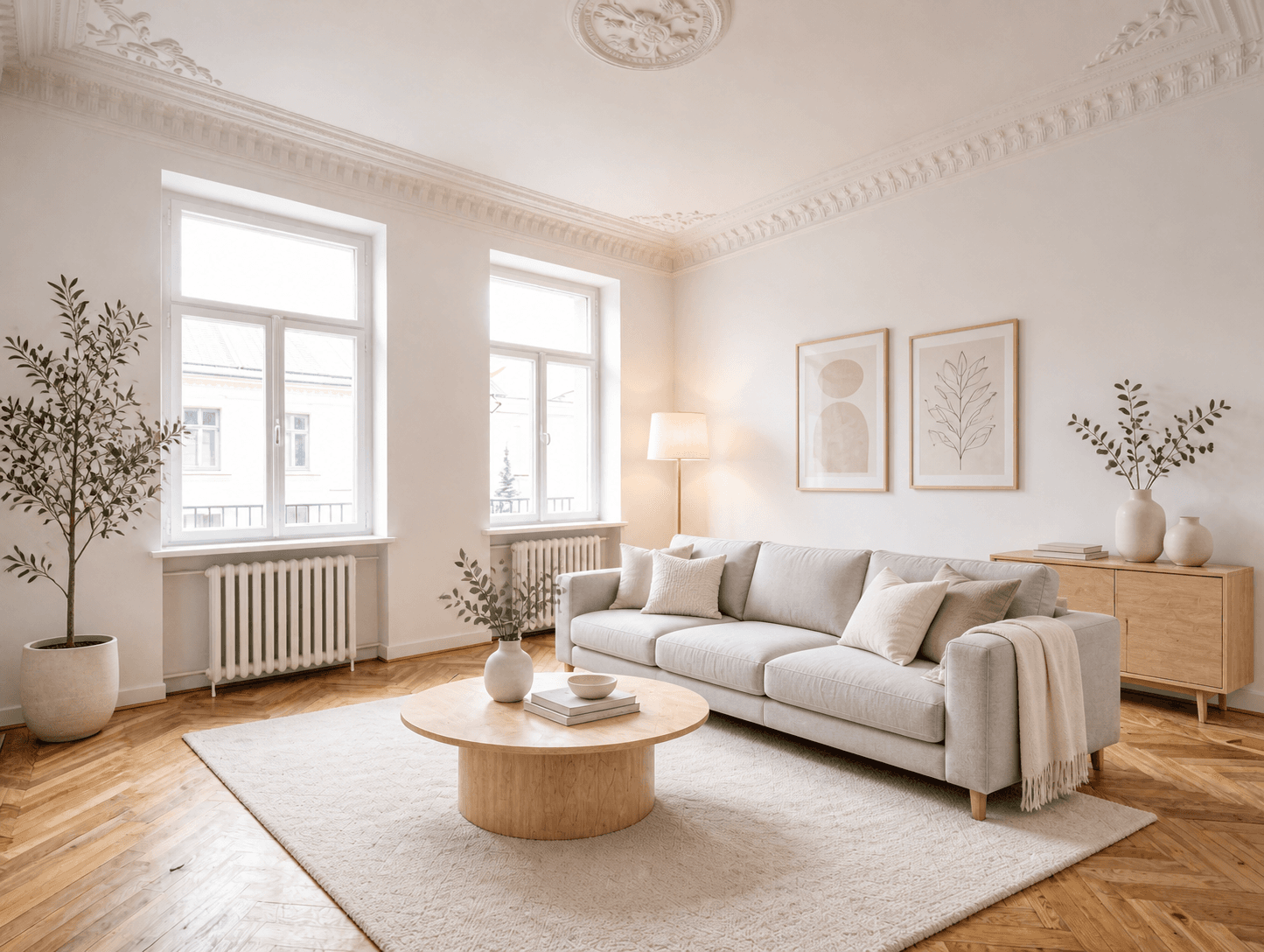 KI-Raumgestaltung: Berliner Altbau-Wohnraum eingerichtet im skandinavischen Stil — helle Holzmöbel, weiße Wände, Wollteppich