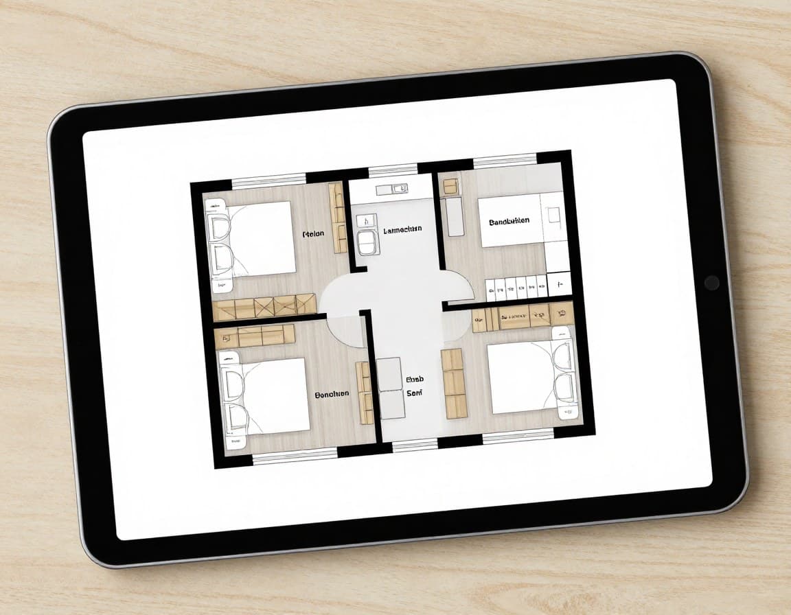 Creador de planos — plano 2D profesional de un piso de 3 habitaciones creado con IA en tablet