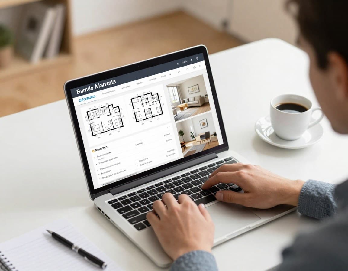 Herramientas inmobiliarias — Agente comprueba calidad del anuncio en ordenador con valoración de fotos y vista previa del staging