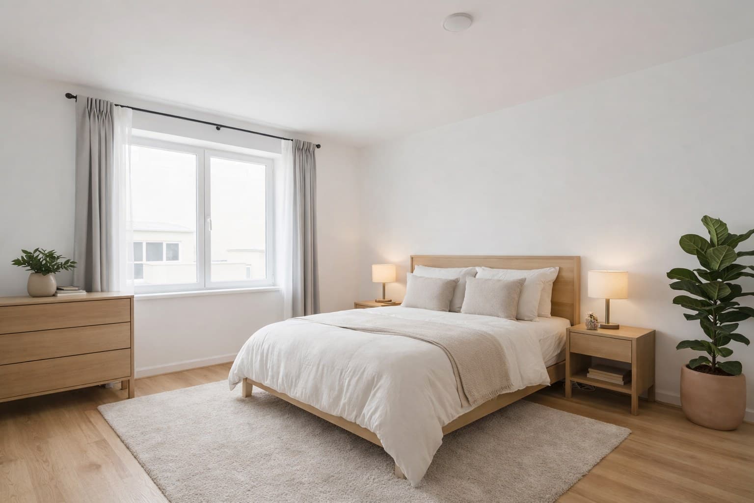 Dasselbe Schlafzimmer nach digitalem Home Staging mit Möbeln und Dekoration