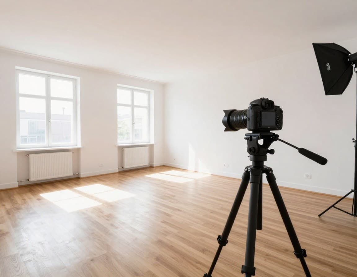 Immobilienfotograf beim professionellen Shooting einer leeren Wohnung mit DSLR und Stativ — Weitwinkelobjektiv für Immobilienfotos