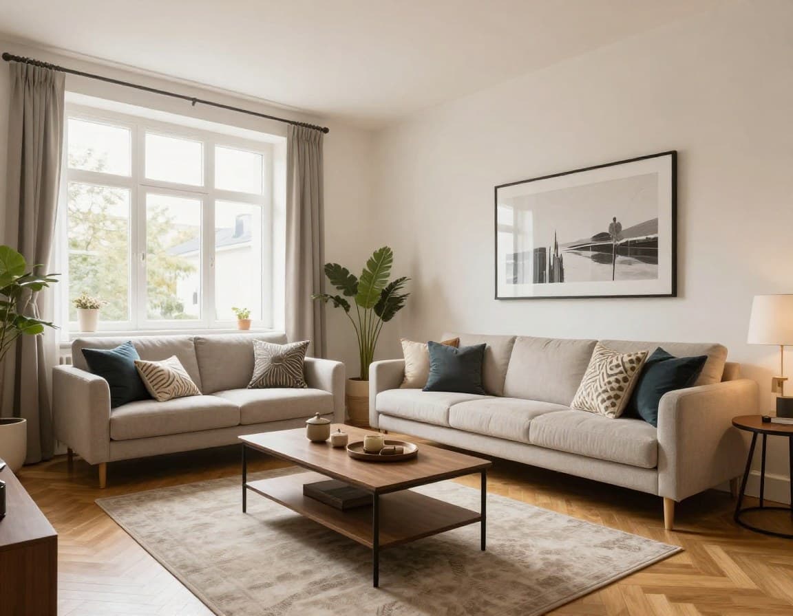 Professionell physisch gestagetes Wohnzimmer mit Leihmöbeln
