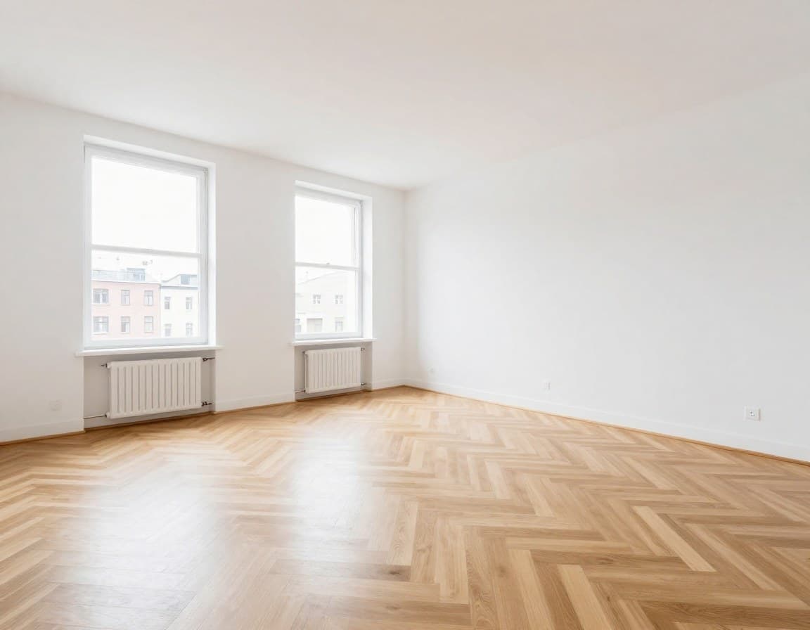 Leeres Wohnzimmer in deutscher Stadtwohnung vor dem Virtual Staging - Apply Design vs ImmoStage Vergleich