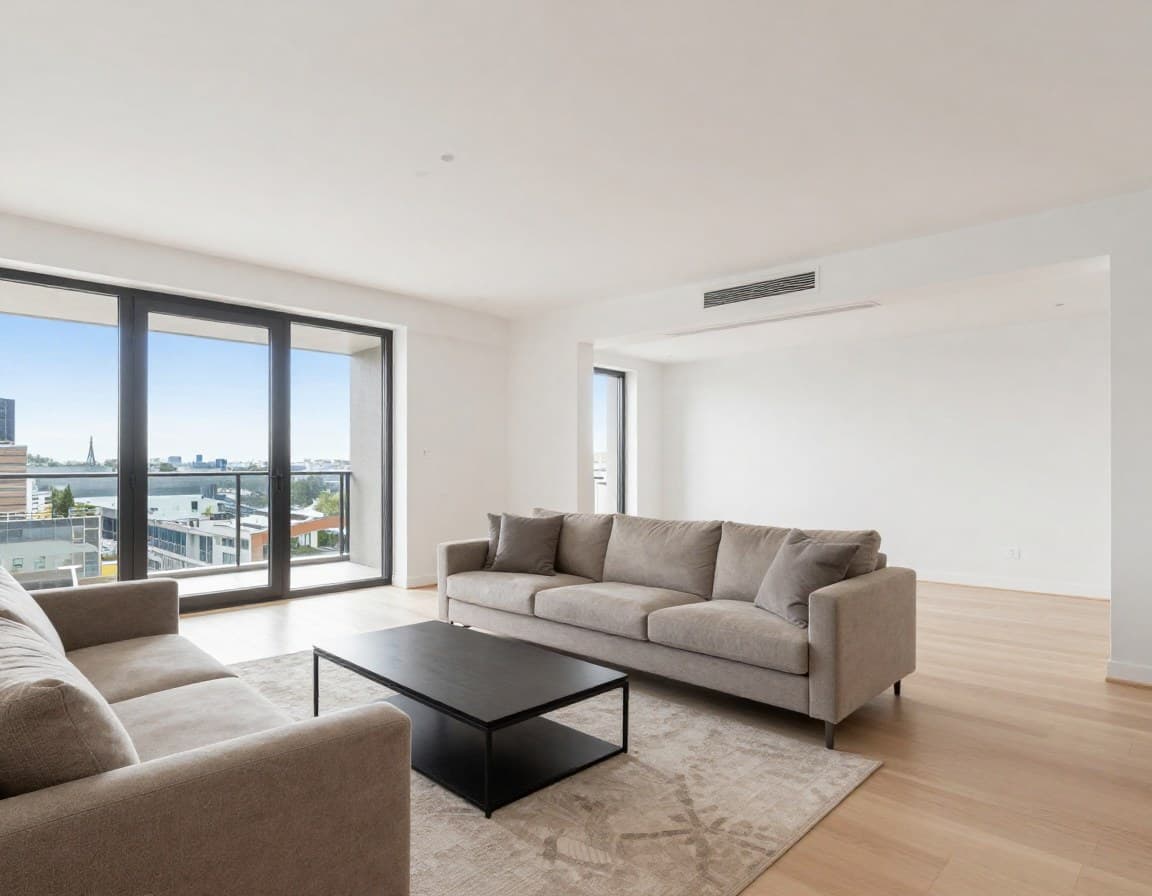 Hybrid-Staging-Konzept: Physisch gestagtes Wohnzimmer mit leeren Nebenräumen für Virtual Staging