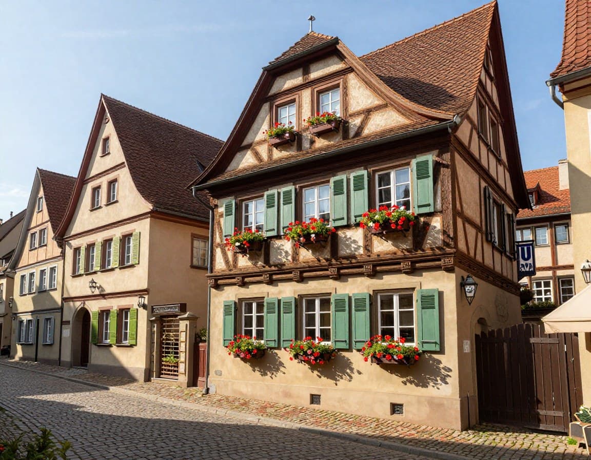 Historisches Fachwerkhaus in einer baden-württembergischen Altstadt mit Kopfsteinpflaster