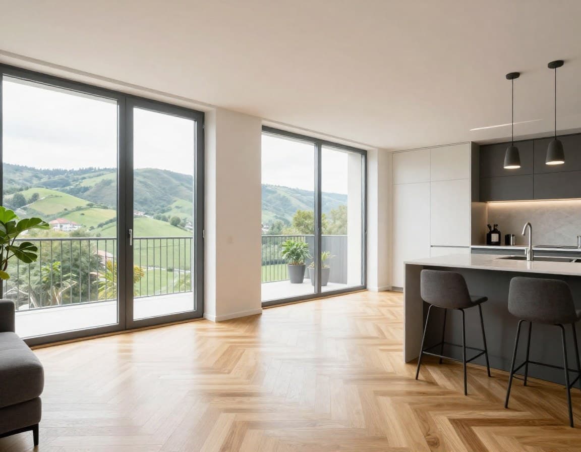 Helle moderne Wohnung in Stuttgart mit großen Fenstern und Blick auf grüne Hügel