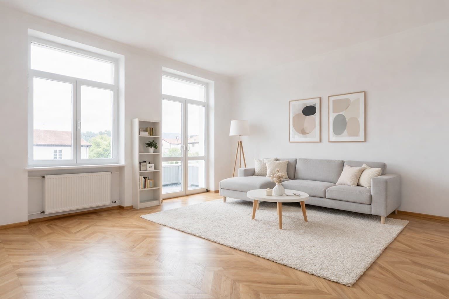 Dasselbe Wohnzimmer nach dem Virtual Staging mit modernen Möbeln