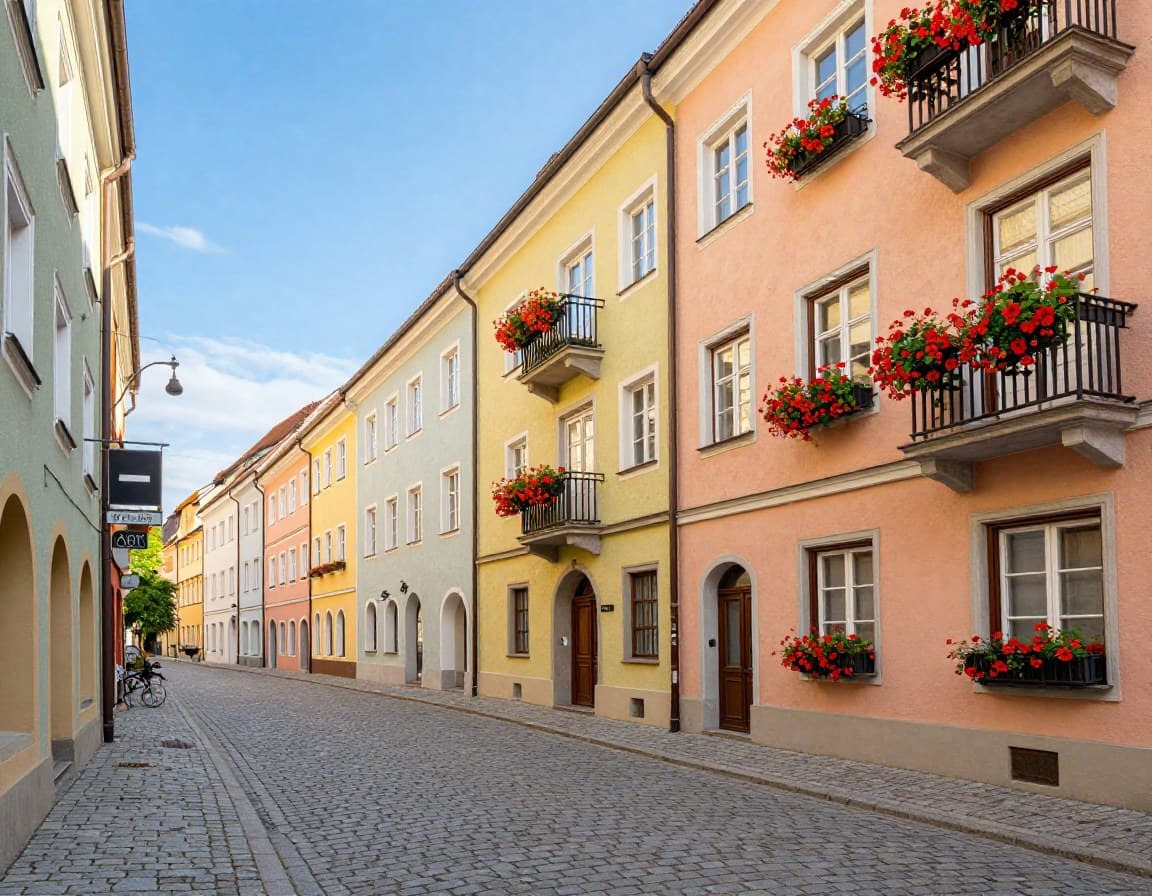 Bayerische Altstadt mit traditioneller Architektur, pastellfarbenen Fassaden und Balkonen
