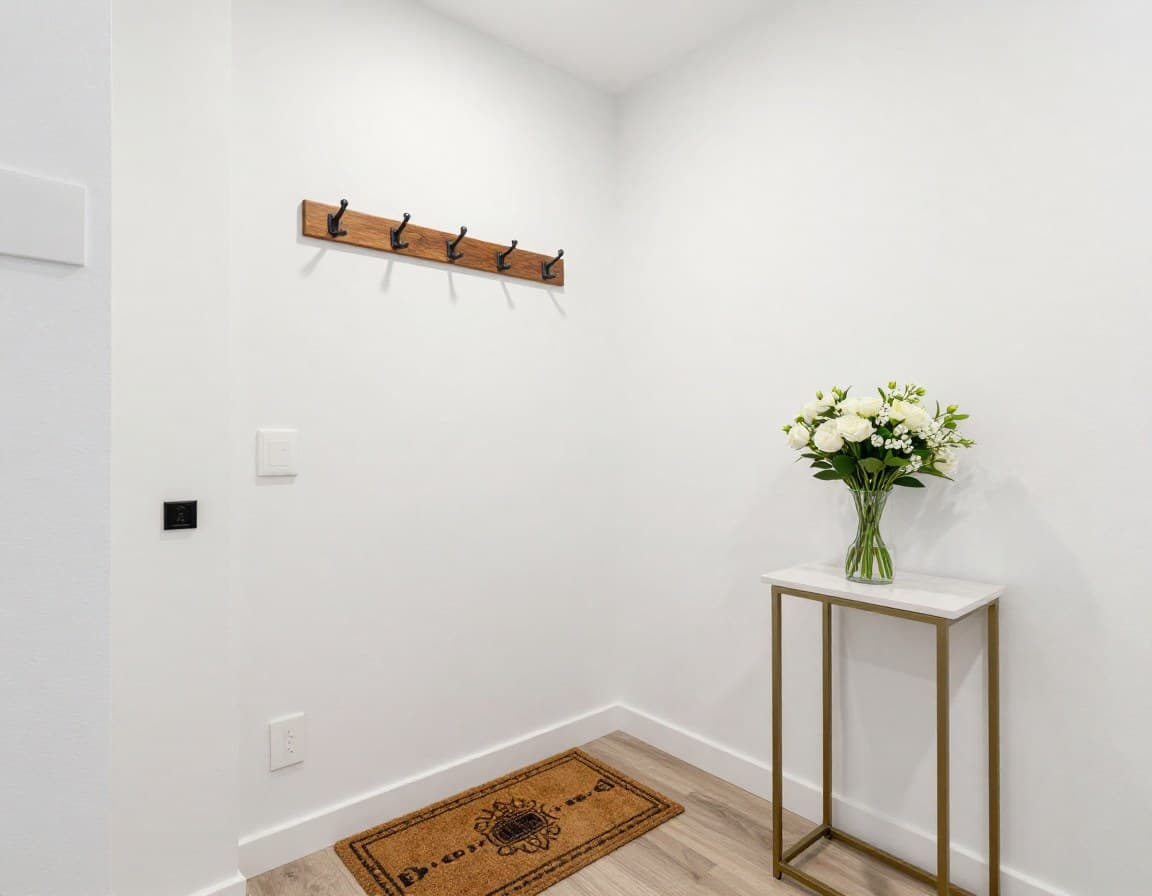 Aufgeräumter Eingangsbereich einer Wohnung, vorbereitet für die Besichtigung