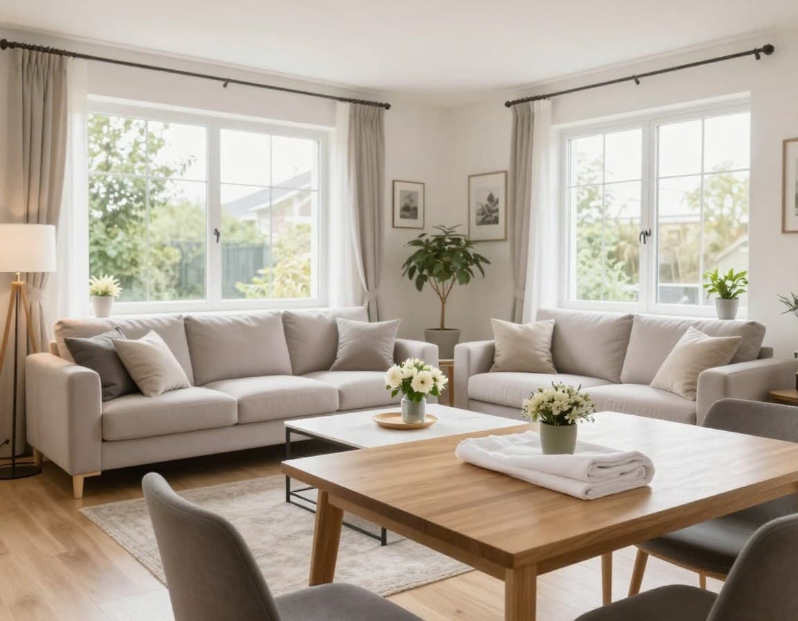 Modern eingerichtetes Wohnzimmer vorbereitet für eine Immobilienbesichtigung